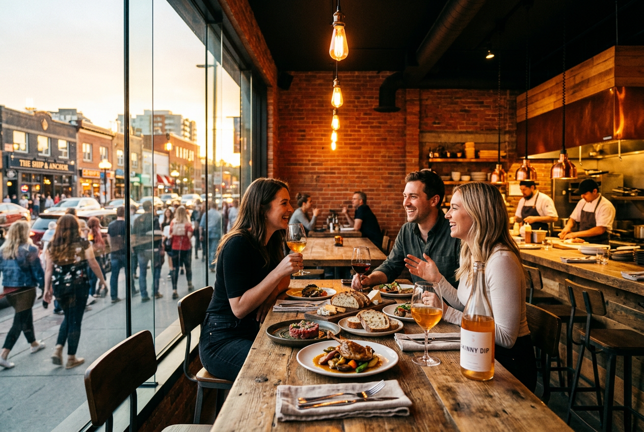 Warmly lit Calgary chef-driven restaurant interior on 17th Avenue at golden hour, shared plates and natural wine on a wooden counter