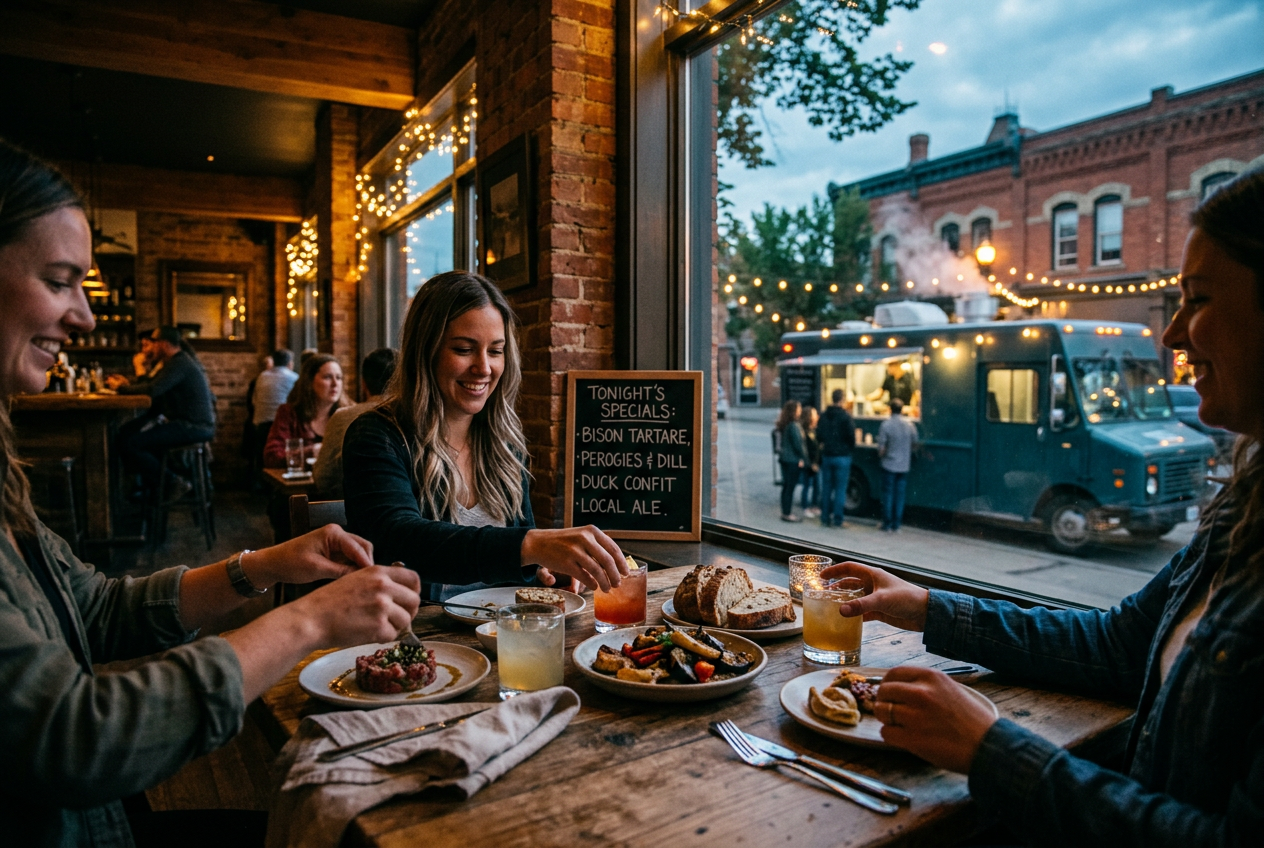 Cozy intimate Edmonton neighbourhood eatery in Old Strathcona at dusk with warm string lights, shared plates, and a food truck visible outside